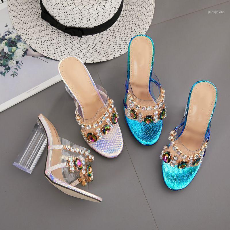 

Slippers Ladies Heels Rhinestone Transparent Sandals Women Summer 2022 Wedding Crystal Shoes Mules Chunky Heel Peep-Toe Size 43, Apricot