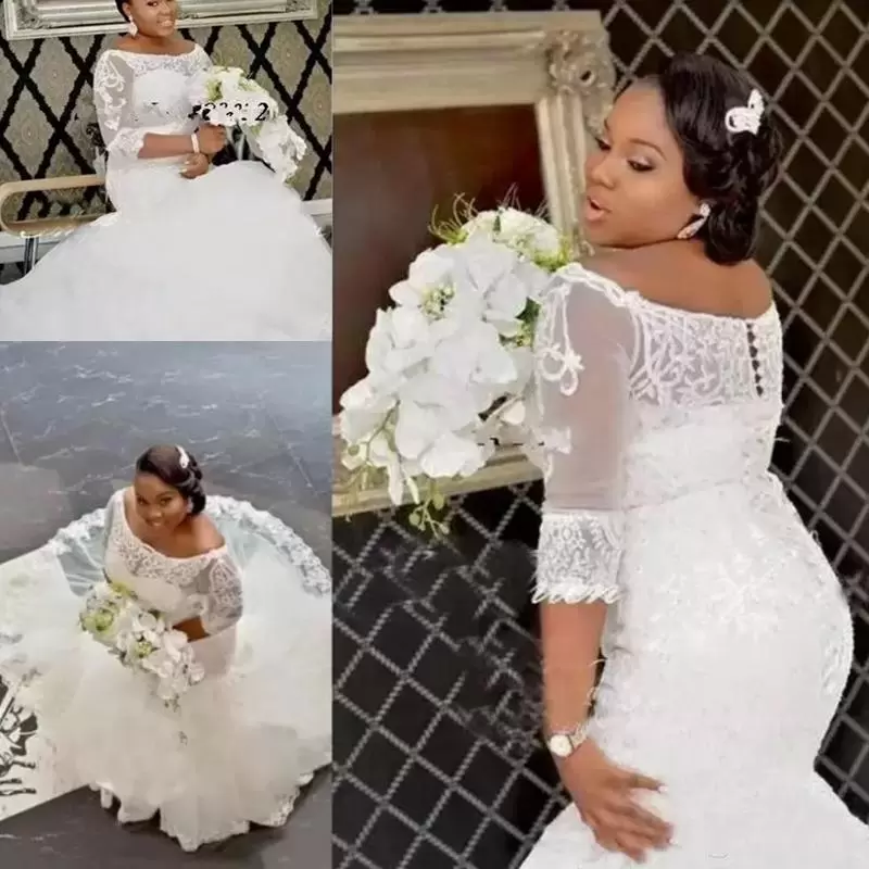 Mermaid African Wedding Dresses Bridal Gown Scoop Neck Long Sleeves Lace Applique Beaded Custom Made Sweep Train Plus Size Vestido De Novia