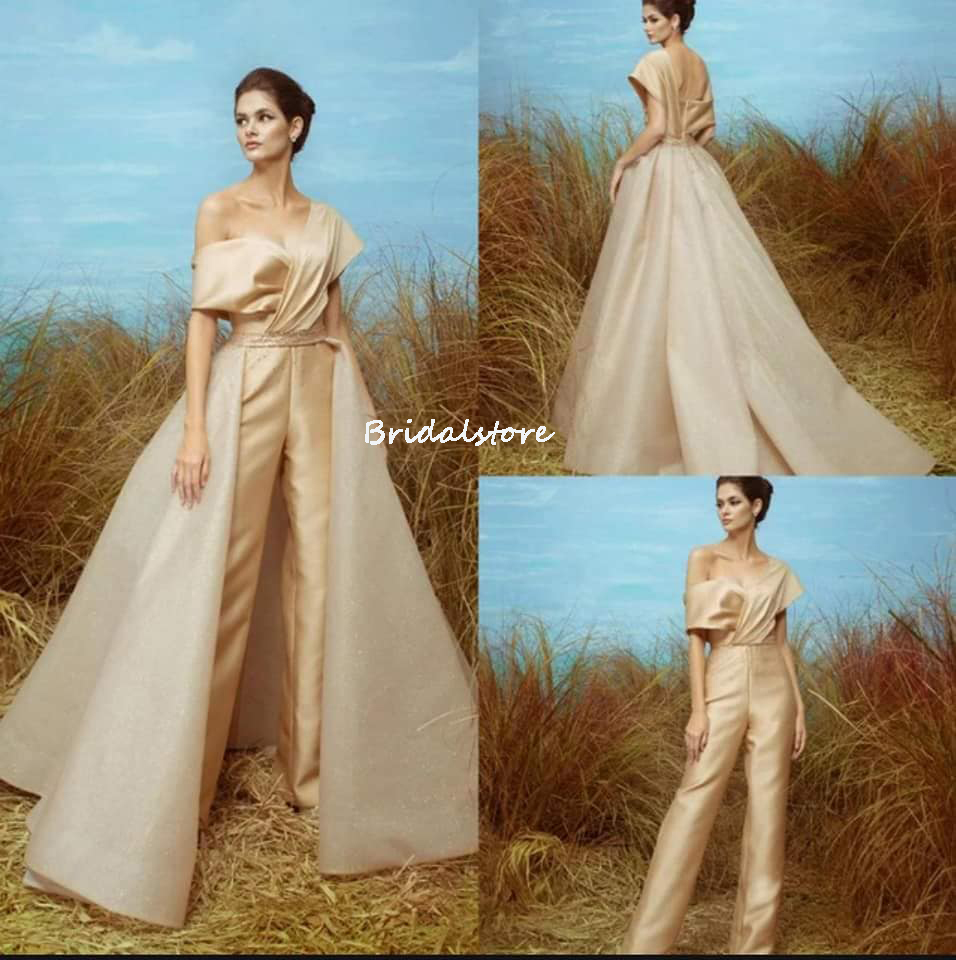 Elegant Gold Evening Dress Jumpsuit Style With Detachable Train Sexy One Shoulder Satin Prom Dresses 2022 Reception Guest Party Gowns Robe De Soirée D