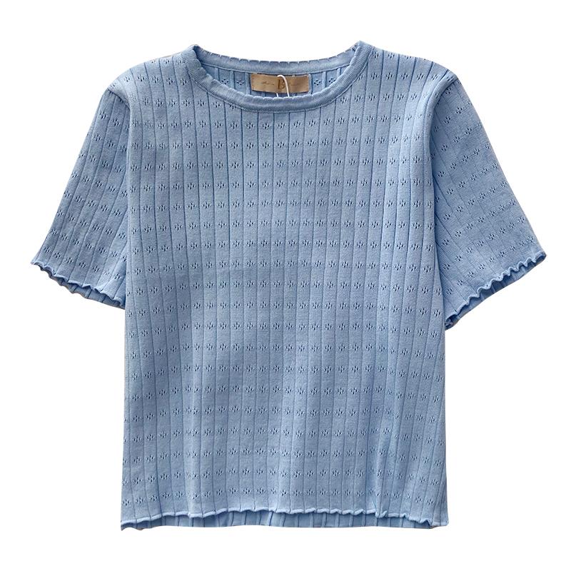 Women's T-Shirt Breathable Hollow Out Knit Wavy Side Summer O Neck Slim Short Section Short-sleeved, Blue
Women's T-Shirt Breathable Hollow Out Knit Wavy Side Summer O Neck Slim Short Section Short-sleeved, Blue