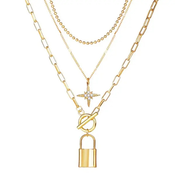 European and American necklace women new alloy clavicle chain creative personality multi-layer eight-pointed star lock pendant multi-layer necklace
European and American necklace women new alloy clavicle chain creative personality multi-layer eight-pointed star lock pendant multi-layer necklace
