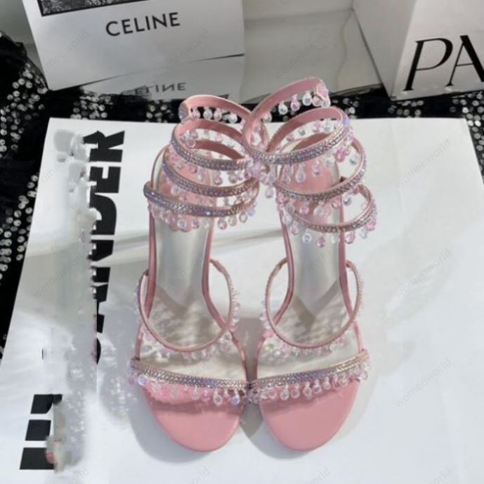 

RENE CAOVILLA 10cm stiletto High heel Sandals CRYSTAL Karung open toe Snakelike twining rhinestone sandals women Top quality PINK Cleo embellished satin sandal, Only a boxes