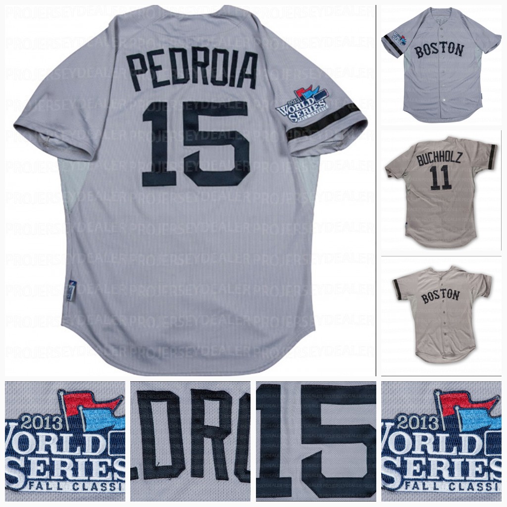15 Dustin Pedroia 11 Clay Buchholz 2013 World Series Game Used Road Vintage Baseball Jerseys Grey All Stiched