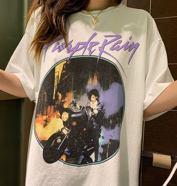 Kuakuayu HJN Purple Rain Vintage Graphic Tee Female Short Sleeve Chic Printed Tops Summer Cotton Loose Casual T Shirt 220328