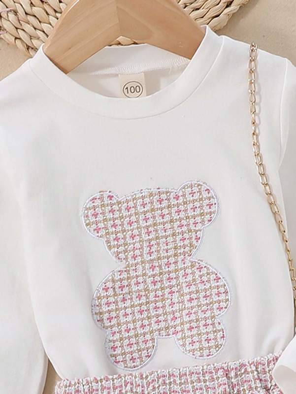 Toddler Girls Bear Embroidery Sweatshirt & Plaid Skirt SHE
