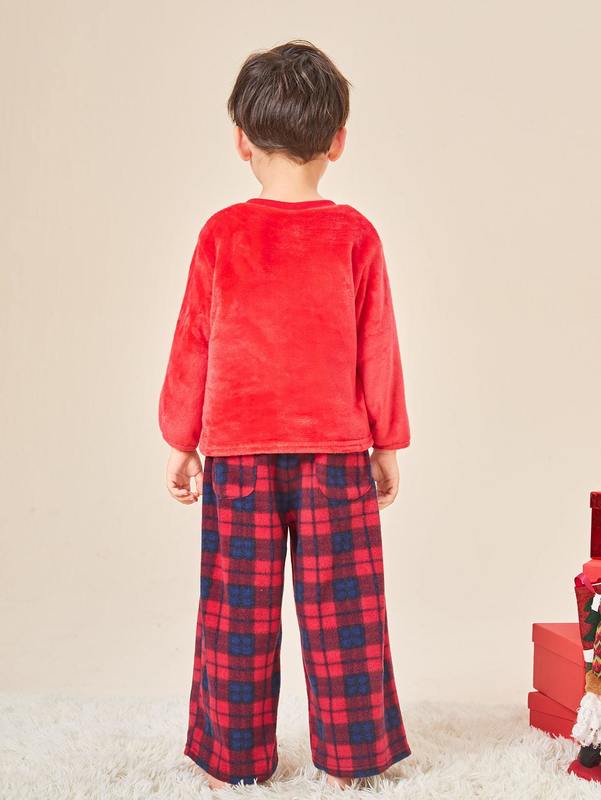 Toddler Boys Christmas Elk Embroidery Patched Flannel Top & Tartan Pants PJ Set SHE