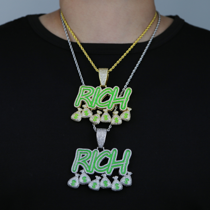 Iced out new style Letter Rich pendant paved full cubic zircon plated gold silver enamel green Glowing hip hop necklace for men boy us $ dollar shape 