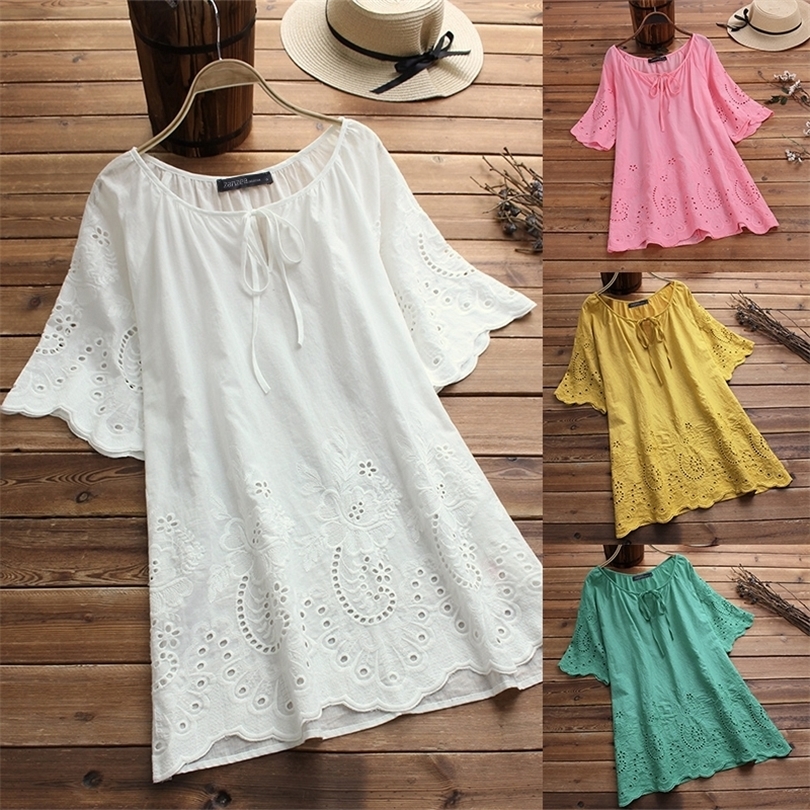 Summer Top Women Embroidery Blouse ZANZEA Fashion Tunic Hollow Casual Blusa Female Short Sleeve Shirt Plus Size Tunic S5XL T200322