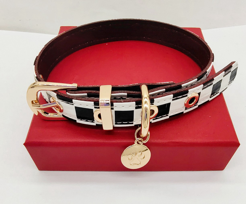 Classic Black White Plaid Collars and Leashes Set Soft Designer Leather Dog Collar for Small Dogs Poodie Chihuahua Pomeranian Yorkshire Outdoor Walk B