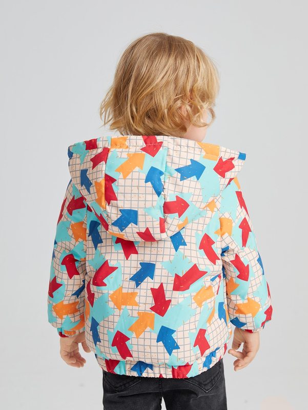 Toddler Boys Geo & Windowpane Print Raglan Sleeve Zipper Hooded Puffer Coat SHE