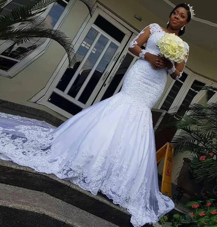Black Girls Mermaid Wedding Dress 2022 Long Sleeve Lace African Plus Size Country Wedding Dresses Beaded Appiques White Bohemian Bridal Gowns Vestidos