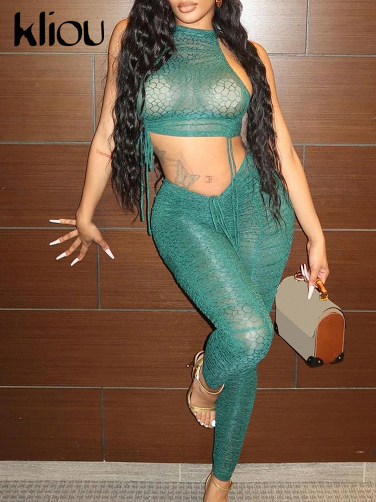 Kliou Exotic Sexy Mesh Two Piece Set Women See Through Drawstring Sleeveless Vest+Sheath Mid Waist Solid Bandage Pants, Green
Kliou Exotic Sexy Mesh Two Piece Set Women See Through Drawstring Sleeveless Vest+Sheath Mid Waist Solid Bandage Pants, Green