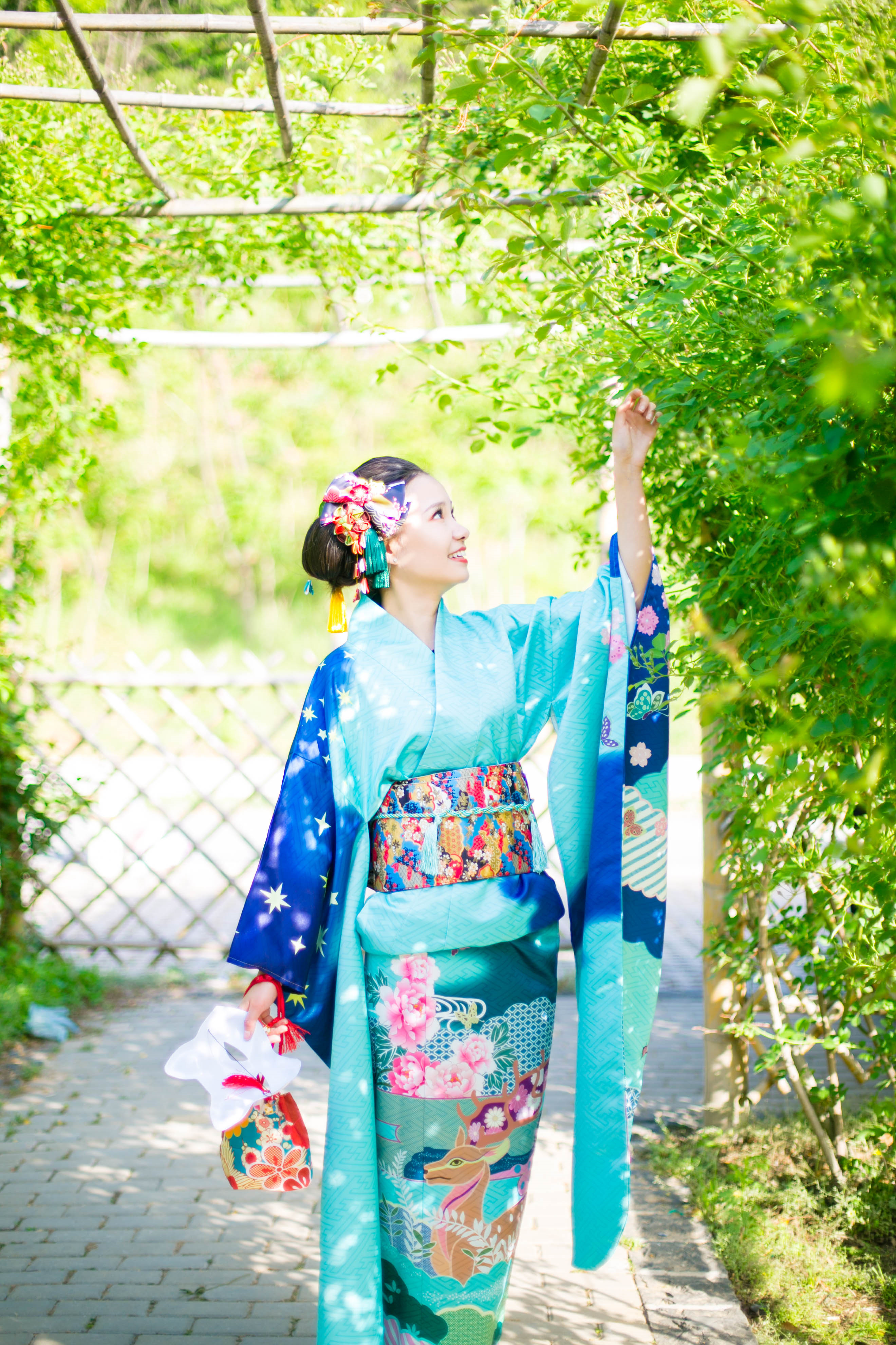 Japanese Ethnic Clothing female elk large vibration sleeve kimono formal dress Tokyo Lady gorgeous Standard kimono Green Blue