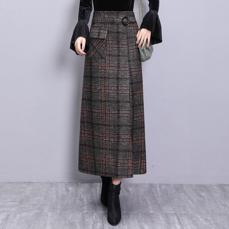 Elegant Retro Female Hight Waist Woolen Long Plaid Skirt Women Casual Straight Vintage Fashion Maxi Jupe Longue Femme Slim 220317