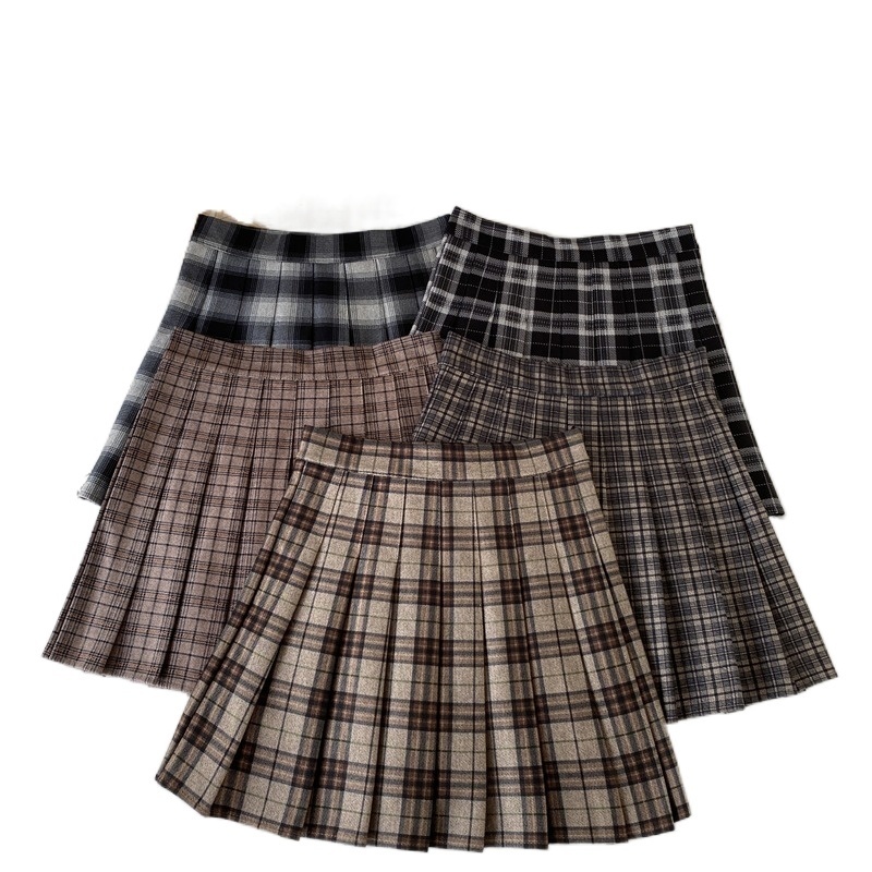Korean Style Plaid Pleated Skirt Female Spring and Autumn High Waist Thin A-line Short Student Woolen Summer 220317