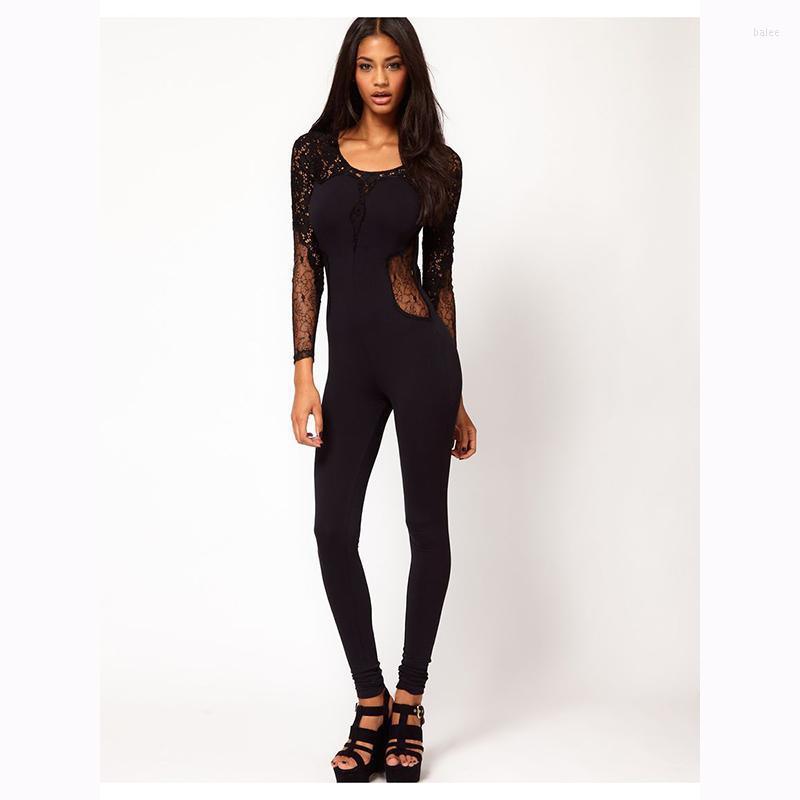Women's Jumpsuits & Rompers Elegant Women Long Sleeve Backless Embroidery Bodycon Body Macacao Feminino Clubwear Overalls Sexy Lace Jumpsuit, As pic