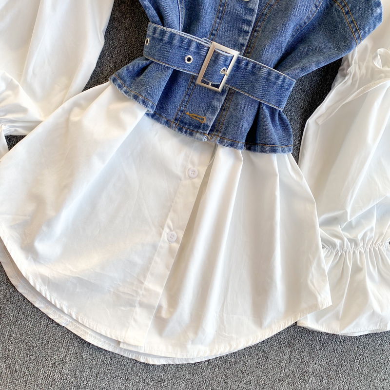 New fashion womens turn down collar puff long sleeve jeans vest patchwork solid color blouse shirt