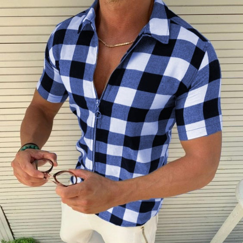 plaid Solid Color Mens Shirts Short Sleeve Casual Polos Hommes Fashion Summer Lapel Male tops 220322