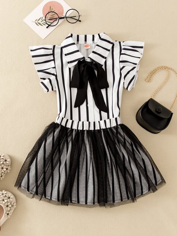 Toddler Girls Striped Ruffle Trim Bow Front Blouse & Mesh Overlay Skirt SHE
