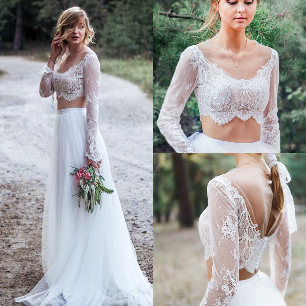 Bohemian A Line Wedding Dress Two Piece Long Sleeve Ivory Lace Tulle Beach Bridal Gowns Sheer Neck Country Boho Bride Dresses 2022 Robe De Mariage