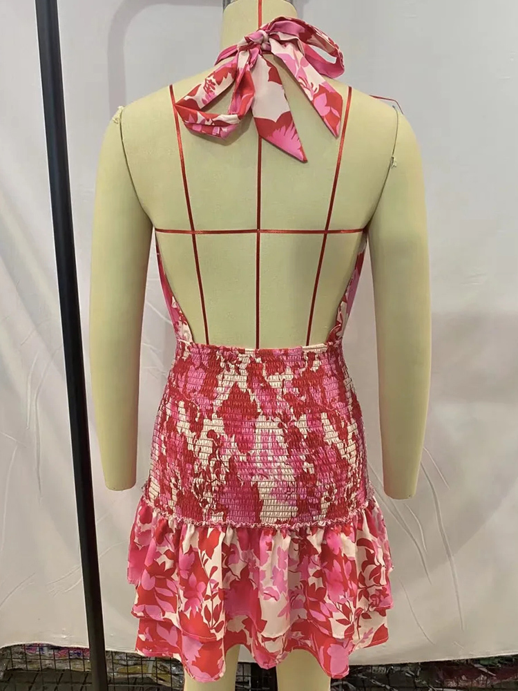 Sexy Red Floral Print Backless Summer Women Boho Mini Dress Bodycon Sleeveless Beach Lace Up Bowknot Drop Dress Sundress 220511