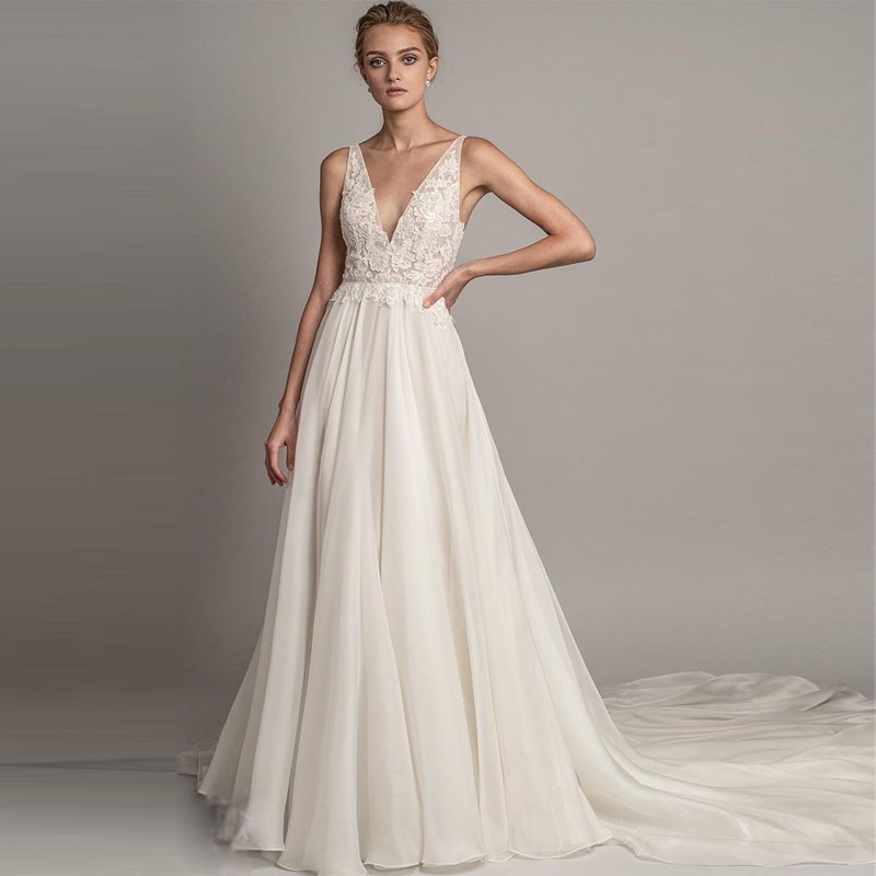 Deep V Neck Boho Wedding Dress 2022 Korean Low Back Illusion Top Lace Bohemian Beach A Line Wedding Dresses Sexy Civil Bride Outdoor Country vestidos 