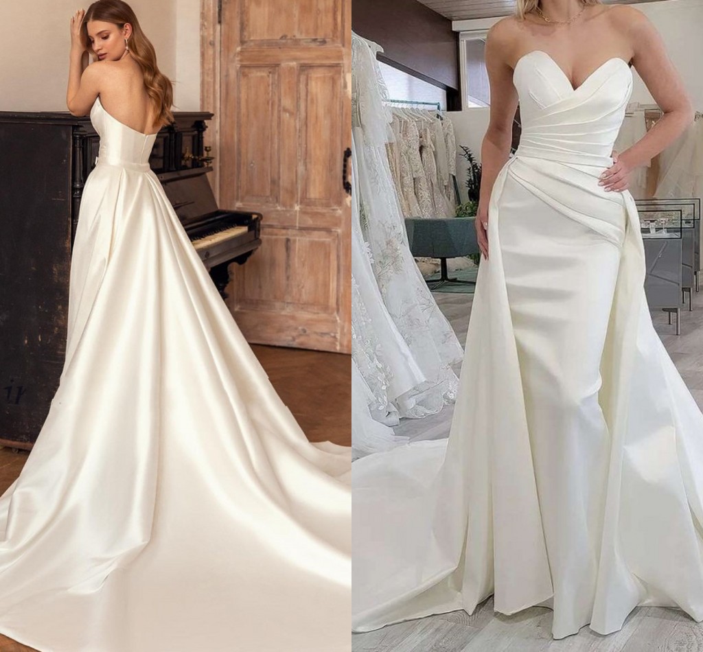 2 Pieces Sweetheart Mermaid Wedding Dresses Satin Removable Skirt Pleats Bride Party Gowns Vestido de Noiva Robe De Mariage