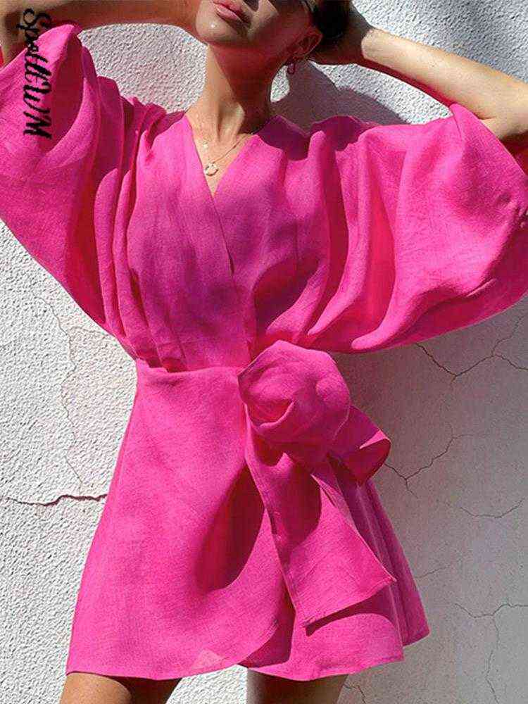 Women's Linen Cotton Solid Color Mid-length Lantern Sleeve Dress 2022 Summer New Light Breathable Irregular Lace Up Mini Robe T220816