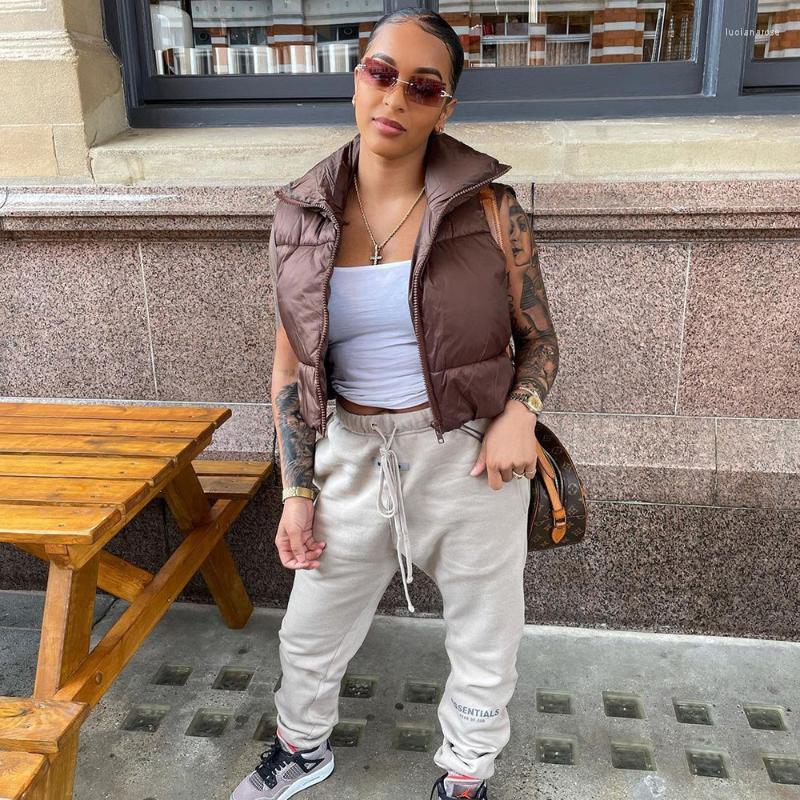Women' Vests Fashion Crop Puffer Vest Women High Collar Quilted Reversible Jacket Zip Waistcoat Parkas Outerwear Winter Sleeveless Short Co, Brown
