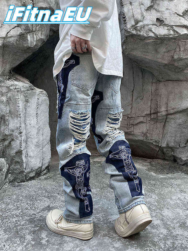 Ripped Jeans Baggy Men Print Harajuku Pants Slim Trendyol Men's Fashion Hip Hop Trousers Y2k Man Grunge Streetwear Stacked X220714