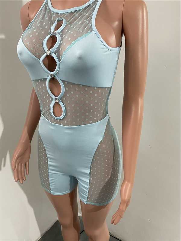 Sexy Mesh Hollow Out halter Jumpsuits Women Summer Ripped Nightclub One Piece Playsuits Clubwear Rompers