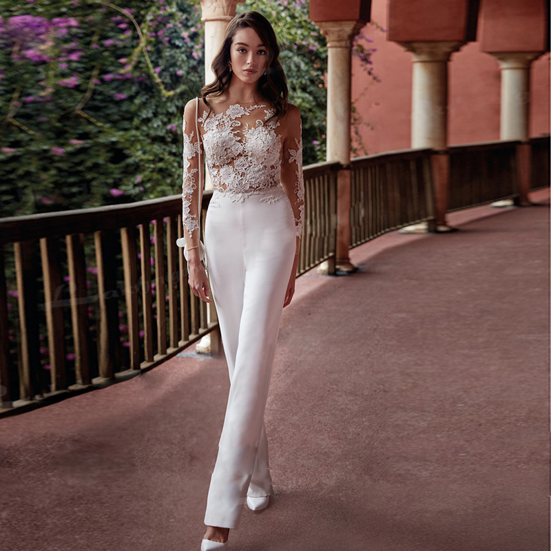 Modern Jumpsuit Wedding Dress with Detachable Train Boho Bridal Gown Outfit Robe Mariee Long Sleeve