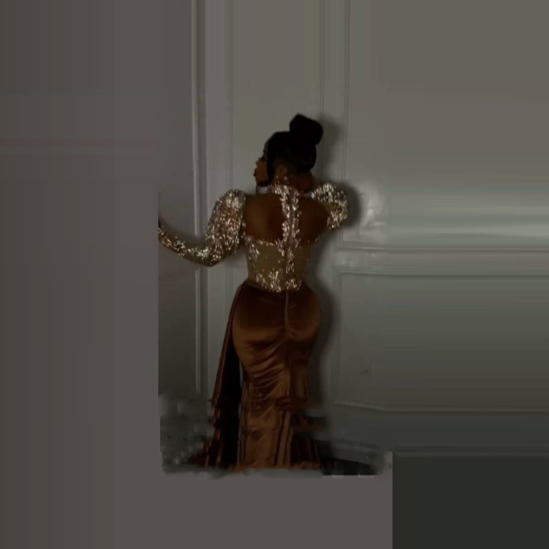 Arabic Mermaid Evening Party Dresses Sexy Slit Plus Size Long Sleeve Sheer Neckline Beads Crystals Appliques prom reception gown