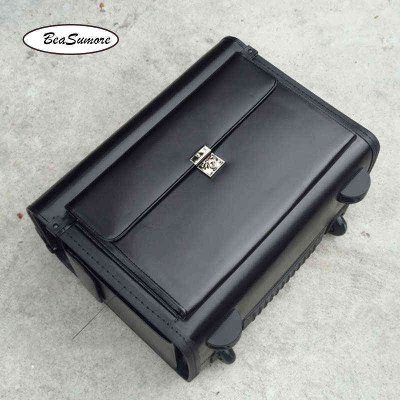 Beasumore High Quality Leather Captain Rolling Luggage Multifunctional Inch Laptop Bag Men Women Pilot Suitcase Wheels J220707