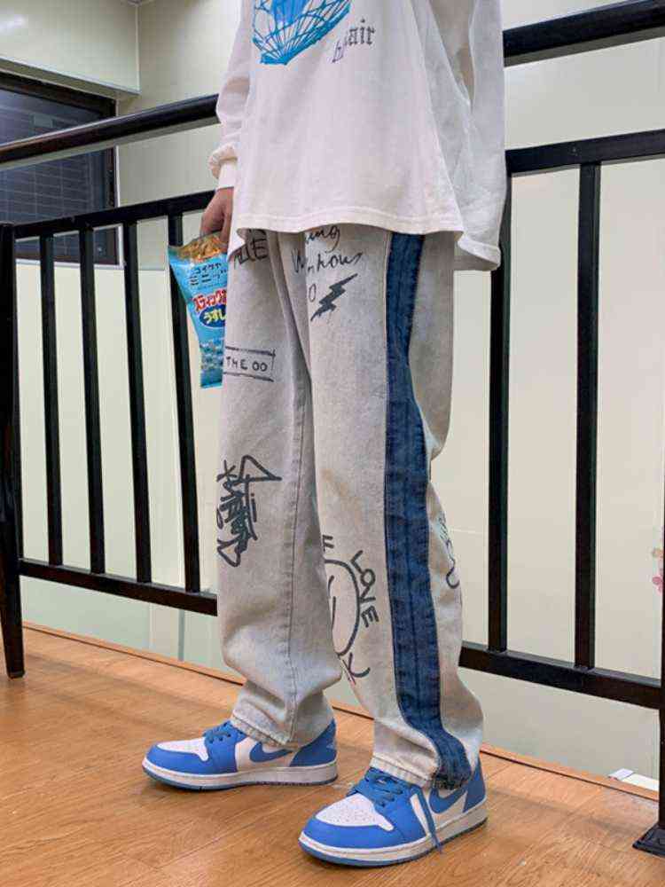 COYOTES Jeans Men's Loose Fashion Trousers Print Straight-leg Pants Baggy Casual Wide Leg Jeans Korean Streetwear Men Clothing G220415