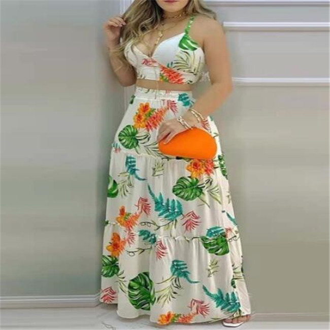 Summer Colorful Printed Two Piece Dress Suspender Top & Long Skirt Beach Holiday Style V-Neck Lace Up Women 2 Peice Sets