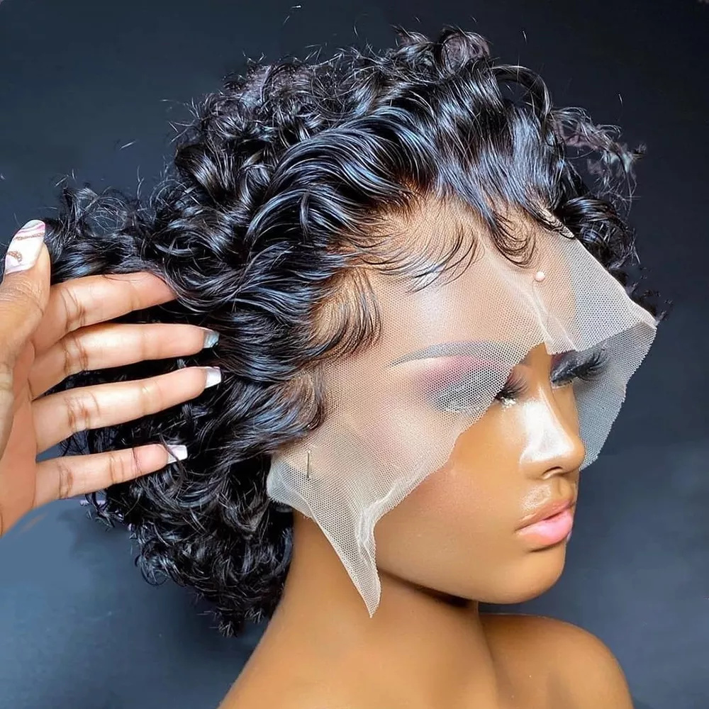 Short Bob Pixie Cut Human Hair Wigs Kinky Curly Ombre Blonde/Brown/Black Colored Bouncy Deep Wave Lace Front Wig for Women