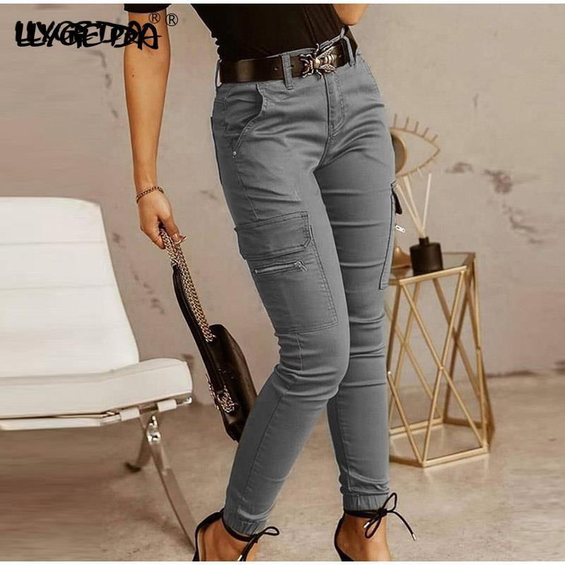 Zipper Pocket Women's Pants High Waist Without Belt Skinny Cargo Women Pant Summer Autumn Fashion Casual Trousers Female 220325