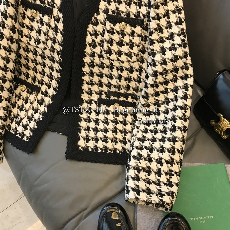 Autumn new womens tweed jacket woolen houndstooth plaid grid color block short coat plus size casacos SMLXL