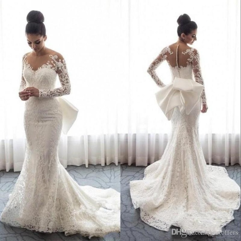 2022 Lace Mermaid Wedding Dresses Sheer Long Sleeves Appliques Saudi Arabic With Attachable Train Plus Size Wedding Bridal Dresses BC0093