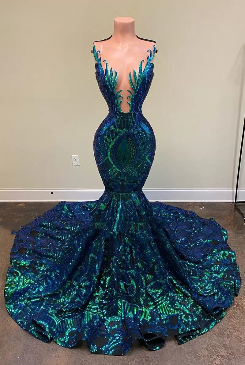 Emerald Green Sparkly Sequin Long Mermaid Prom Dresses 2022 Sleeveless African Black Girls Mermaid Formal Evening Gala Gowns