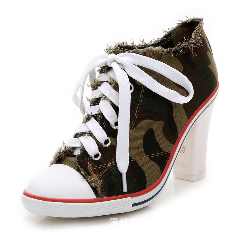 Women's Denim High Heels Rivets Shoes Female Canvas Pumps Lady's Boots Ankle Lace-Up Thick Heel and Thin 220328
