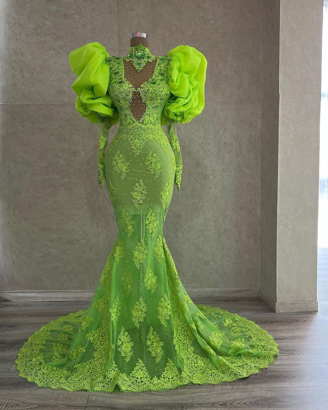 Plus Size Arabic Aso Ebi Green Mermaid Prom Dresses High Neck lace beaded long sleeve Evening Party Second Reception Birthday Engagement Gowns