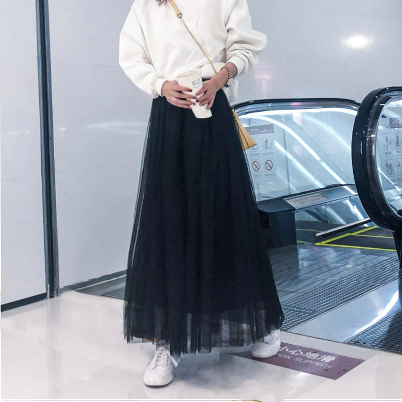 Vintage Bohemian Tulle Long Skirt Women Elastic High Waist A-line Pleated Mesh Linging Female Jupe Longue 220322