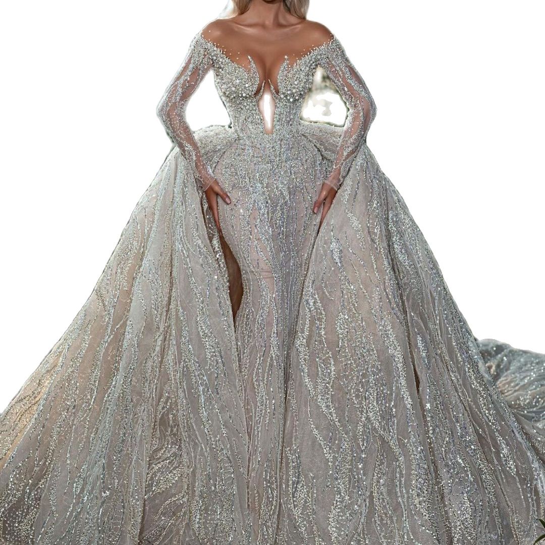 Saudi Arabia Mermaid Wedding Dresses with Detachale Train Off Shoulder Long Sleeve Beads Illusion Bridal Gowns Robe de mariée