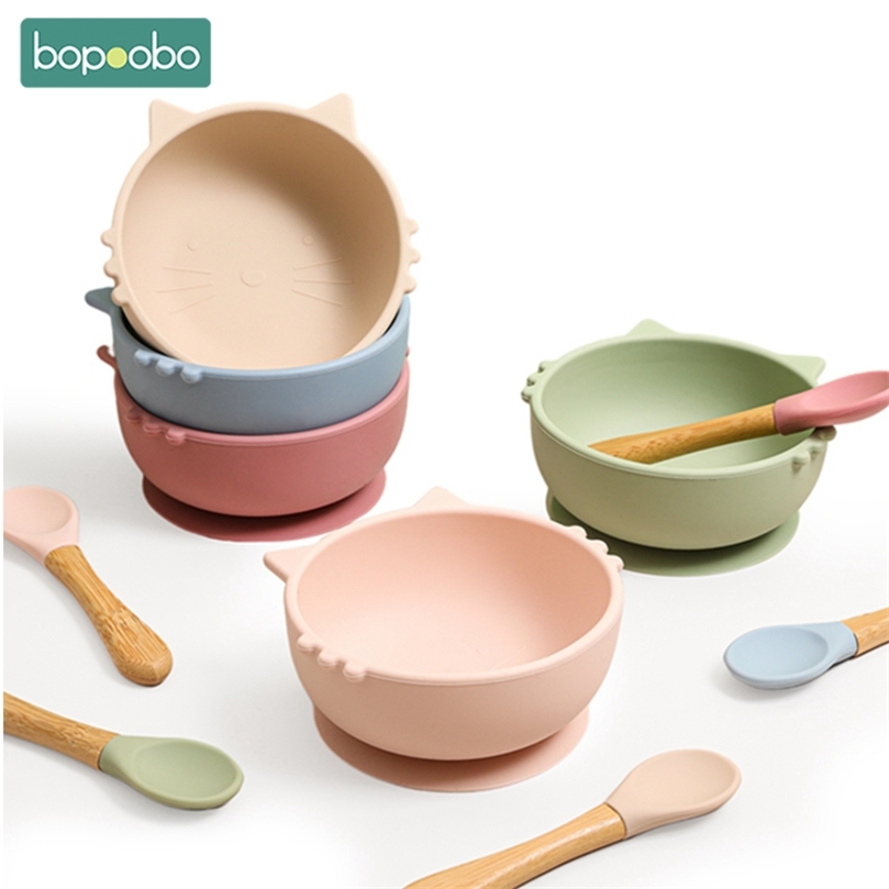 Bopoobo 2Pcs/1Set Silicone Baby Feeding Bowl Tableware Waterproof Spoon Non-Slip Crockery BPA Free Silicone Dishes for Baby Bowl 220512