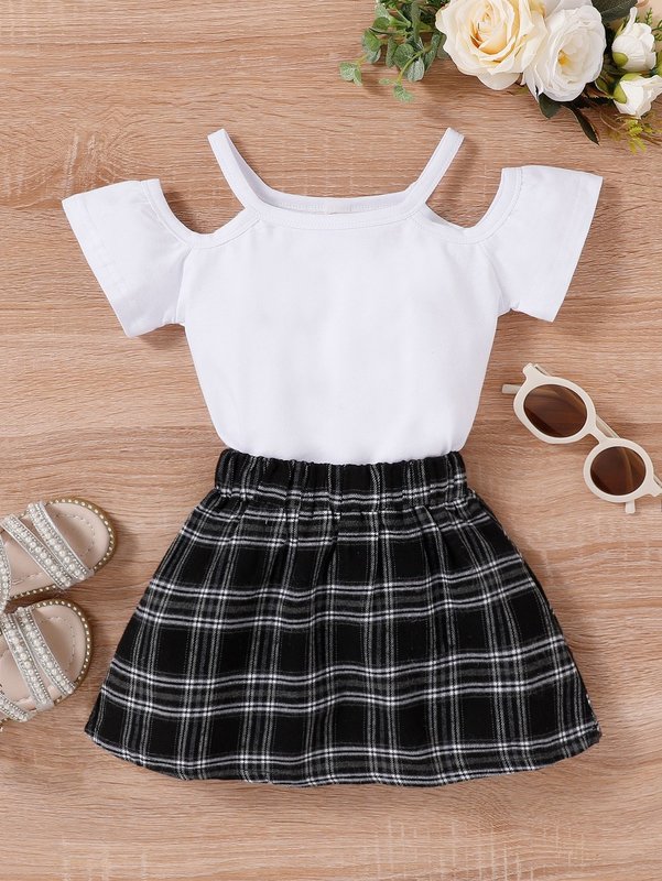 Toddler Girls Cold Shoulder Top & Plaid Skirt SHE