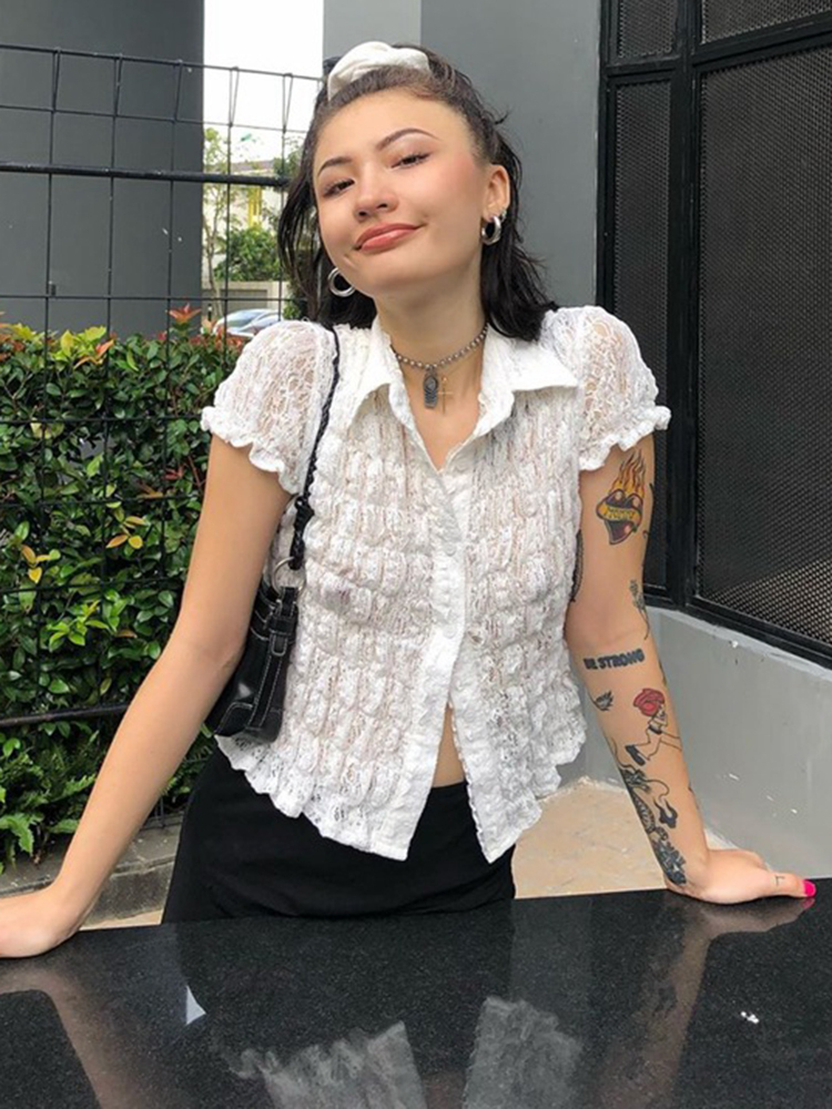 Top Women White Shirt Ruffle Lace See Through Blouses Turn Down Collar Shirts Short Sleeve Tees Street Clothing 220328