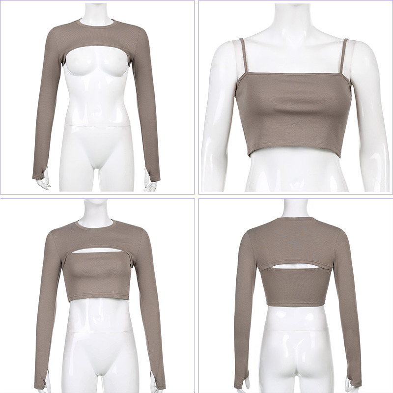 Rockmore Sexy Hollow Out T Shirt and Cami Crop Top Womens Harajuku Long Sleeve Streetwear Basic Women Tight Tees 2 Piece Suit 220411