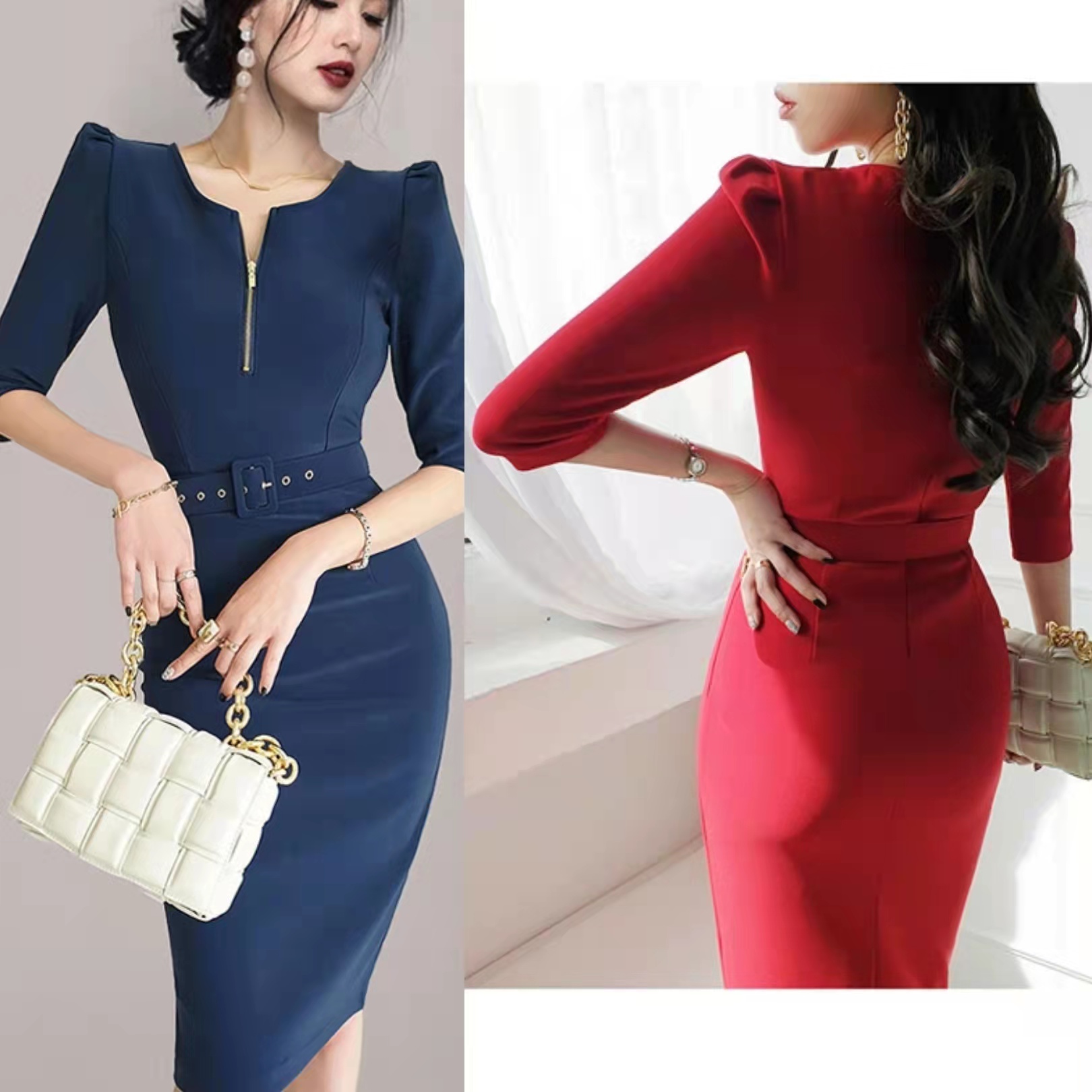 Korean spring office lady slim temperament dress, Red